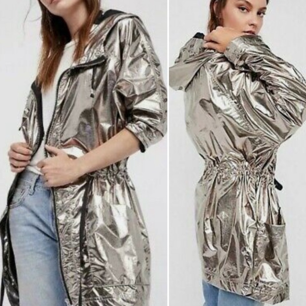 Free People oversized planetary metallic parka hooded jacket windbreaker xs/s